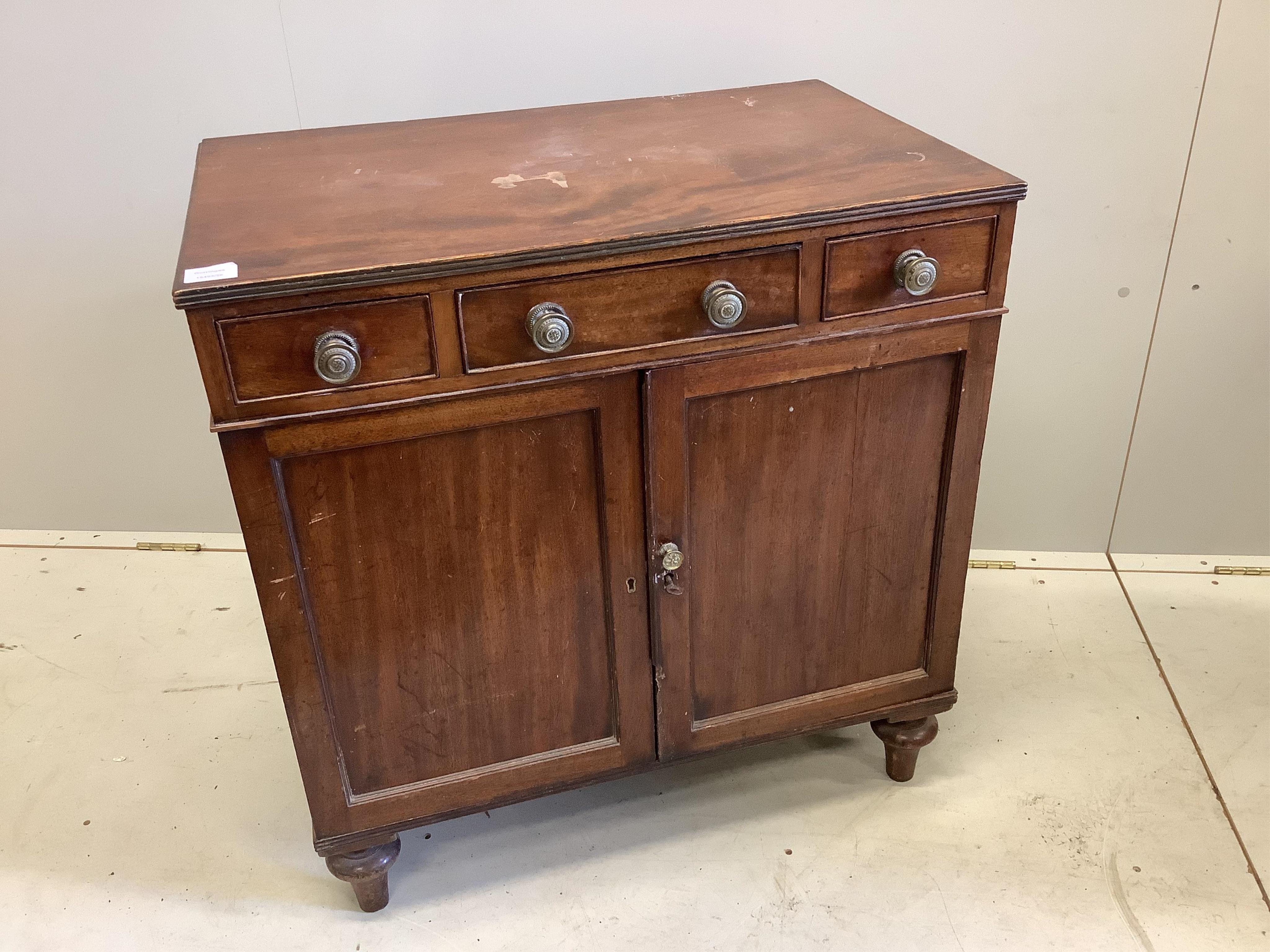 A small Regency mahogany side cabinet, width 74cm, depth 47cm, height 76cm. Condition - fair